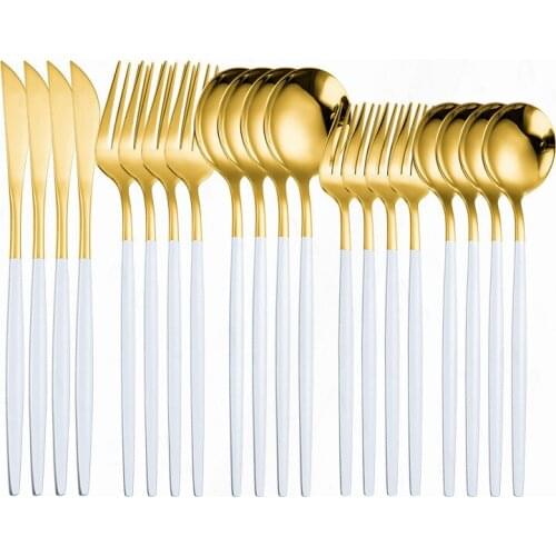 White and Gold Cutlery Set Stainless Steel Tableware Kitchen Set Dinnerware Spoon Fork Knife Dinner Set Complete 20pcs Flatware