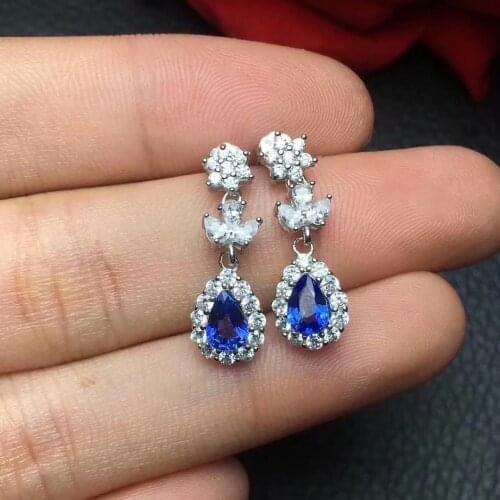 Natural sapphire ear nail pendant 925 sterling silver inlaid blue 4 * 6mm luxury style exquisite jewelry