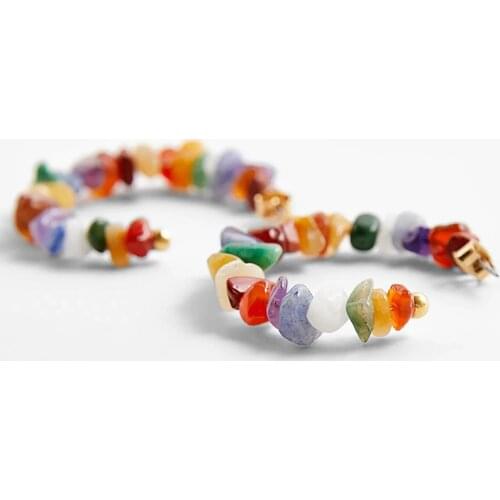 Nature Stone Hoop Earring for Women Bohemian Colorful Big Round C-Shape Stud Earrings Jewelry Party