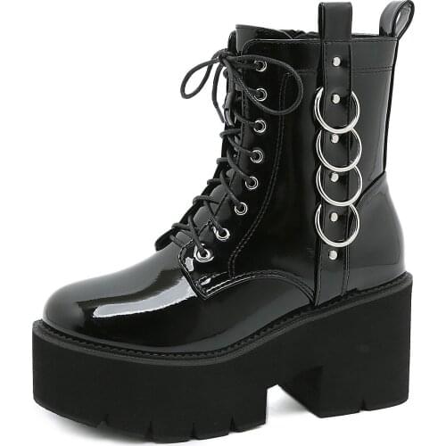 New High-heeled patent leather Boots Women Lace Up Ankle Boots Motorcycle Boots Female Autumn Winter Shoes Woman Black Botas