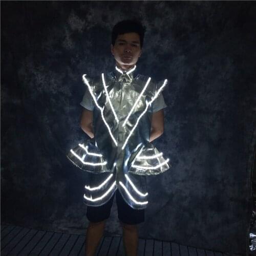 P73 Ballroom dance led lighted up costumes stage men wears luminous jacket rechargeable robot suit bar outfits glowing dress led