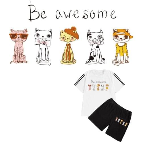 Awsome Cats Applique On Clothes Hoodie Tops Hot Tear Transfer Paper Heat Press Diy Animal Patch Washable Stickers On T-Shirt