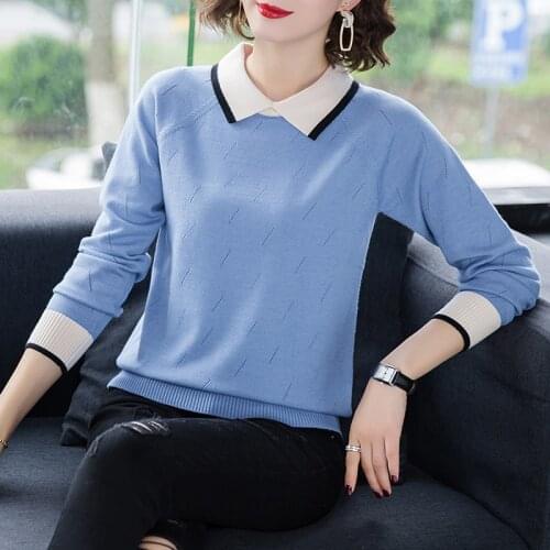 TuangBiang Peter Pan Collar Women Patchwork Sweater 2021 Fashion Beige Elastic Pullover Ladies Eyelet Hollow Out Knitted Jumpers