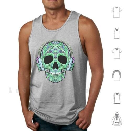 Ornated Graphic Skull With Headphones Tank Tops Vest Sleeveless Skull Dead Vector Day Tattoo Background White Mexican