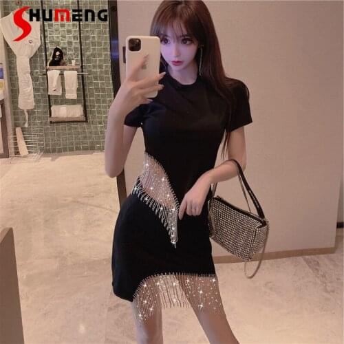 High Street Punk Summer Women Black Tassel Mini Skirt Suits 2021 New Fashion Womens Short T Shirts Short Skirts Suit Two Pieces