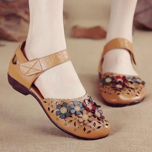Fashion Ethnic Style Hollow Women Genuine Leather Flats 2021 Arrival Summer Handmade Comfortable Soft Sole Woman Leather Shoes