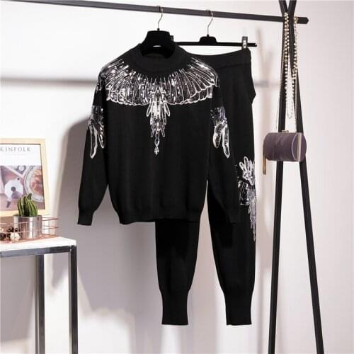 2021 autumn new two-piece fashion western style knitted suit sequin embroidery 2-piece woman