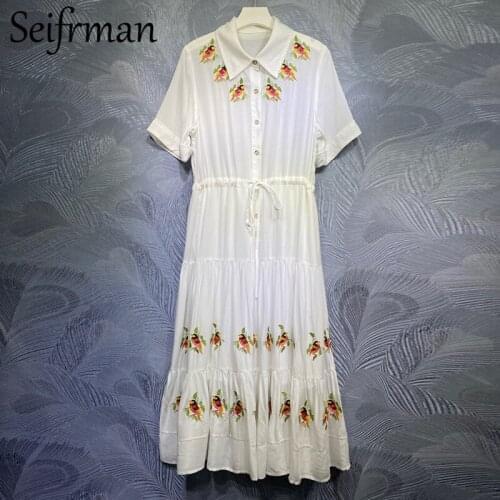 Seifrmann New 2021 Summer Women Fashion Designer Long Dress Short Sleeve Embroidery Bow Drawstring Waist Single Breasted Dress