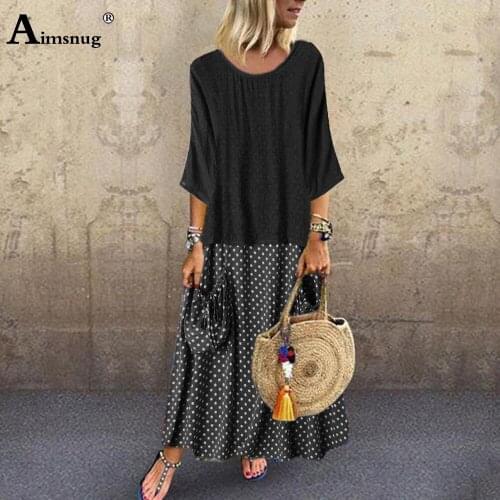 Plus size 5xl Women Elegant Mid-Calf Dress Patchwork Dot Print Three Quarter Sleeve Linen Dresses Femme Vintage Boho Loose Dress