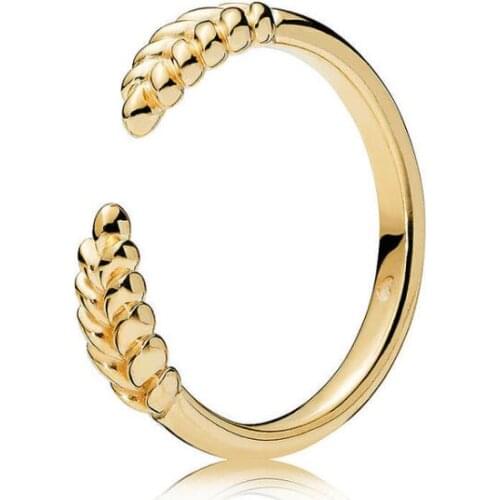 Authentic 925 Sterling Silver Pan Ring Golden Shine OPen Grains Ear Of Wheat Rings For Women Wedding Gift Fine Jewelry