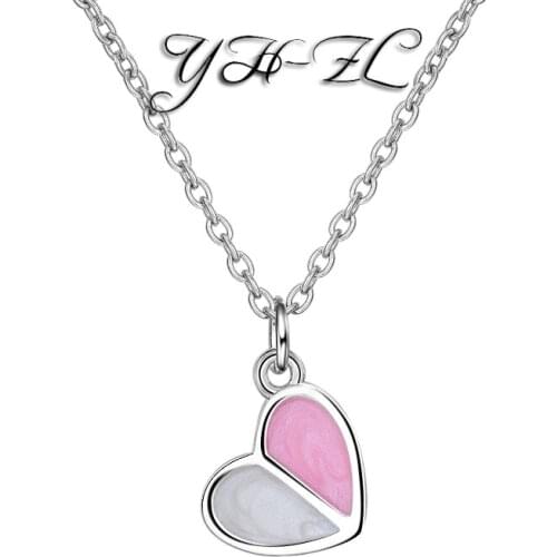 YH-ZL Trendy Sweet 925 Sterling Silver Pink Love Heart Necklace Women Clavicle Chain choker collar Gift