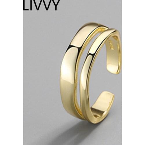 LIVVY Minimalist Geometric Double line Adjustable Ring Genuine Silver Color Trendy Fine Jewelry For Charm Women