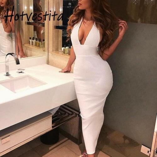 Hotvestita 2021 Summer Sexy V-neck Halter Backless Knitted Pencil Long Dress Solid Bodycon Women Elegant Party Club Maxi Dresses