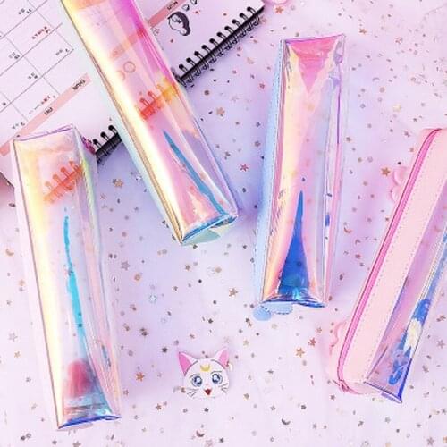 1PC Sweet Laser Transparent Pencil Case Papeleria Large Capacity Pen Bag Kid Gift Kawaii Stationery Bag Color Random
