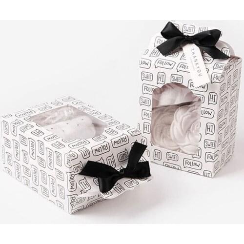 10pcs/lot Black White Letter Paper Box Christmas Birthday Party Gift Box With Black Ribbon Plastic Window Toy Package Boxes