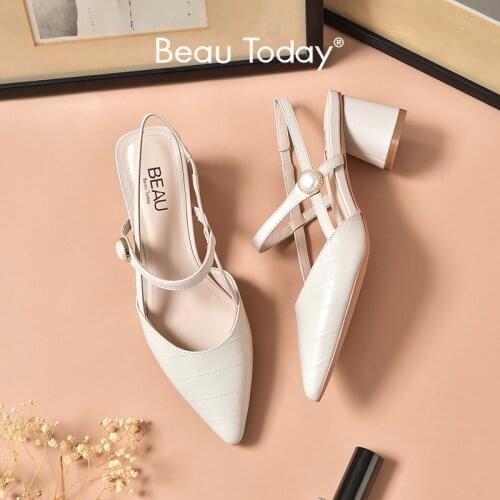 BeauToday Sandals Women Cow Leather Diamond Pattern Pointed Toe Elastic Band Slingback Pearl Elegant High Heel Lady Shoes 31183