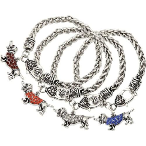 Crystal Dogs Hot sales Wheat Link Bracelet Chain with crystals Mini Dachshund with Lobster Claw Animal Bracelet 5 Colors