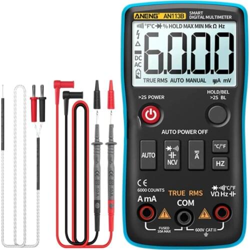 ANENG AN113B Digital Multimeter True RMS with Temperature Tester 6000 Counts Auto-Ranging AC/DC Transistor Voltage