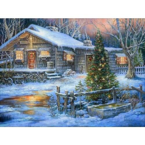 Country cottage christmas decorations tree road backdrops High quality Computer print party background