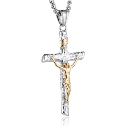 HZMAN Men Women Crucifix Cross Pendant Baptism Christian Jewelry Stainless Steel Jesus Necklace with 22+2“ Chain