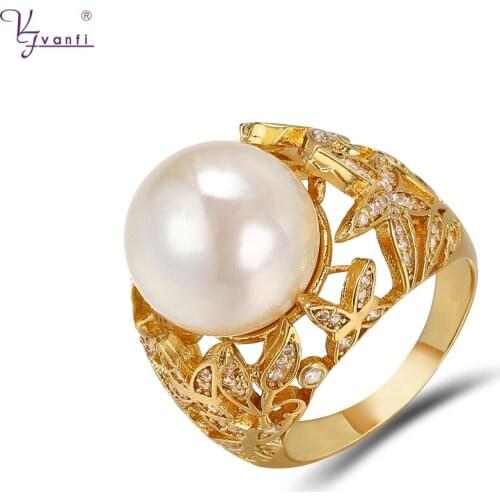 Kfvanfi Copper Gold Color Women Jewelry Zirconia Jewelry Pearl Ring For Wedding Party