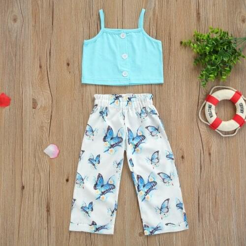 2Pcs Little Girls Outfit Sweet Style Solid Color Single-breasted Sleeveless Suspender Top + Butterfly Printing Wide Leg Pants