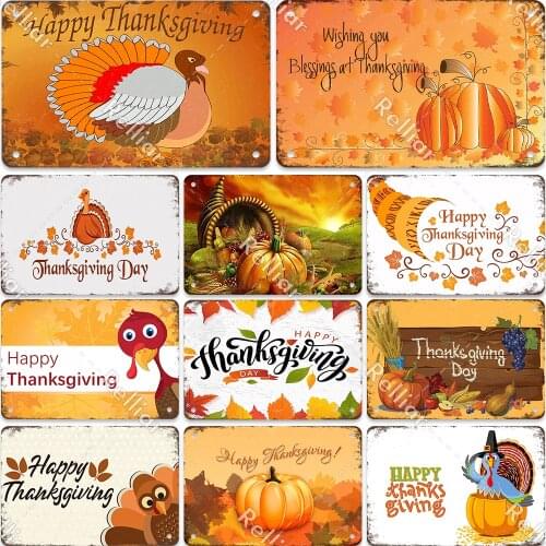 Thanksgiving Animal Metal Tin Sign Chicken Pumpkin Leaves Art Painting Plate Home Bar Decor Poster Custom Plaque