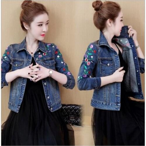 Fashion Women Denim Jacket Spring Autumn 2020 Jeans Jacket Plus size Appliques Long Sleeve Denim Coat Slim Short Female Outwear