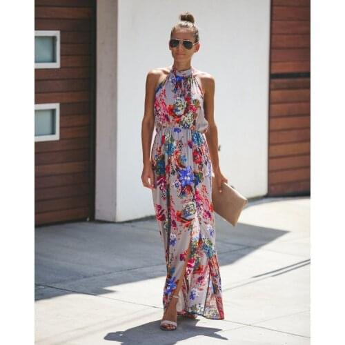 Halter Style Casual Loose Female Summer Floral Dress Boho Long Maxi Holiday Party Sleeveless Dress Clothes