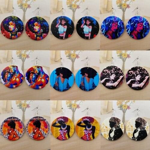 Bohemia Natural Wood Head portrait 1Pair Vintage Personality Printing Fashion African Beautys Head Women Handmad Drop Earring