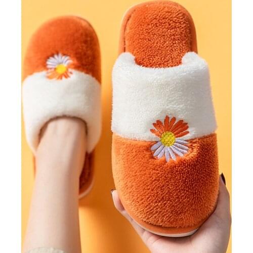 Winter Warm Orange Women Cotton Slippers Unisex Flowers Home Fur Slides Female Comfort Fluffy Slippers Women zapatillas de casa
