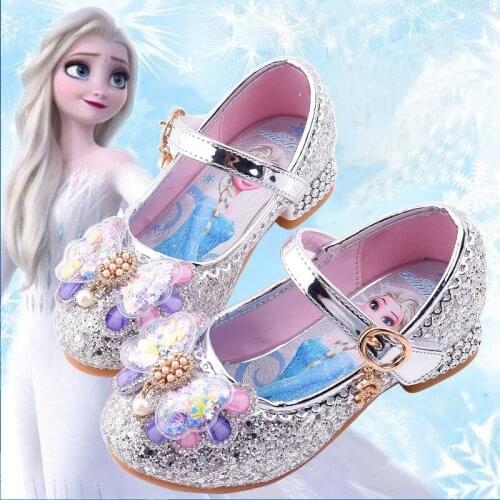 Disney girls princess shoes frozen crystal shoes elsa leather shoes autumn new childrens high heels model catwalk shoes