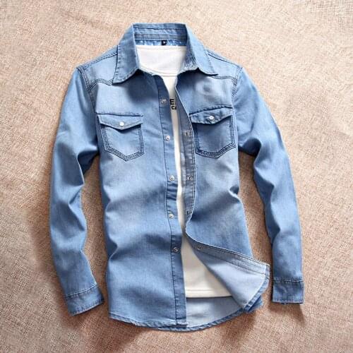 Spring Light Blue Slim Men Cowboy Shirt Long Sleeve Retro Youth Casual Shirt