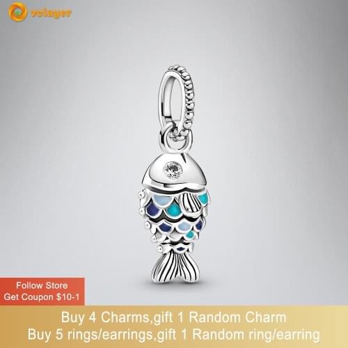 Volayer 925 Sterling Silver Bead Blue Scaled Fish Dangle Charm fit Original Pandora Bracelets Women Jewelry Making Birthday Gift