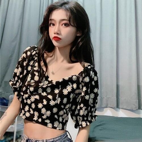 Summer Sweet Casual Shirt Womens Floral Print Square Collar Short Sleeve Exposed Navel Crop Top