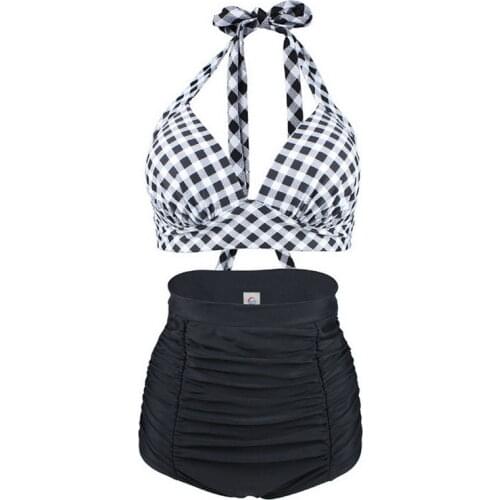 Plus Size Women Halter Top Nikini Set High Waist Push Up Swimsuit Plaid Vintage Sexy Beach Bathing Suit Swim Wear Retro XXL XXXL