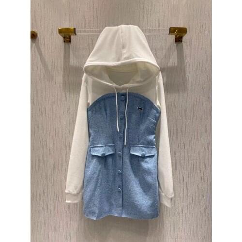 New 2021 Fashion Runway Winter Mini Dress Womens Hooded Long Sleeves Elegant Color Patchwork Single Breasted Dresses