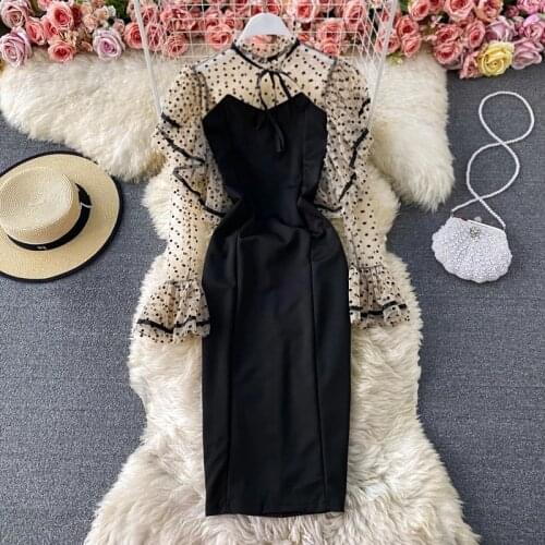 Spring And Autumn French Retro Womens Dress Elegant Dots Ruffles Long Sleeve Net Yarn Splicing Black Wrap Dress For Ladies