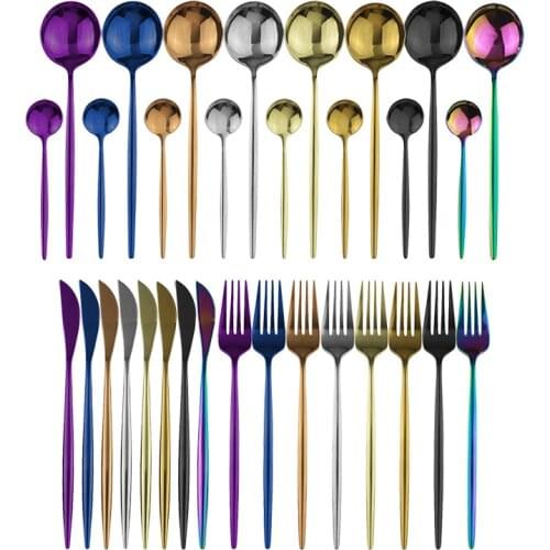 4pcs Black Dinnerware Set Stainless Steel Cutlery Rainbow Dinner Set Knife Fork Spoon Silverware Set Kitchen Tableware Set