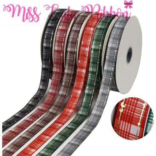 1"25mm Double Face Moon Star Gold Foil Colorful Check Printed Grsograin Ribbon DIY Party Decor Hair Bowknows Making 50yards/roll
