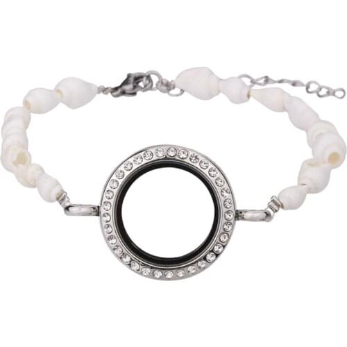 5Pcs/lot Natural white sheel handmade Bracelet memory Glass crystal Floating charms 25mm locket bracelet with Extension chain