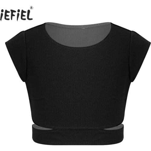 Kids Girls Tops Summer Fashion Solid Color Short T-shirt Ballet Dance Stage Performance Workout Stretchy Cutout Waist Crop Tops