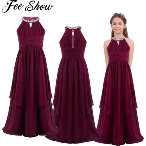 Elegant Flower Girls Dress Children Wedding Party Princess Chiffon Sequined Halter Dress Girls Clothes Formal Occasion Dress