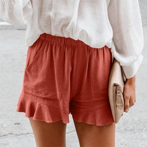 Cotton And Linen Solid Color Pocket High Waist Shorts Women Casual Ruffle Patchwork Loose Wide-leg Short Pants