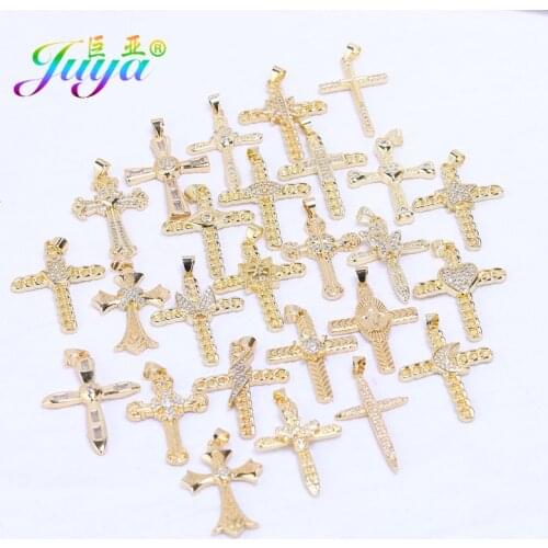 Juya DIY Religious Rosary Jewelry Making Accessories Handmade Gold Cubic Zirconia Christian Love Star Cross Charms Supplies