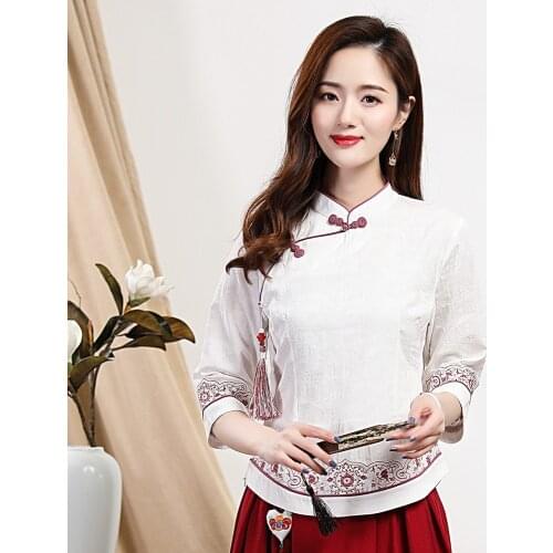 Classic Women Cotton Linen Clothing Plus Size 3XL Tang Tops Embroidery Mandarin Collar Shirt Chinese Traditional Blouse