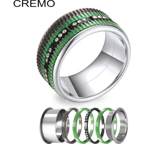 Cremo Statement Stainless Steel Ring Set Rotatable Green Rings Band Interchangeable Black Mutil Green Color Free Box