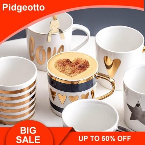 Creative Gold Stripe Coffee Mugs With Spoon Lid Cute Loving Heart Ins Water Cup Simple Ceramic Breakfast Cup Gift Free Shipping