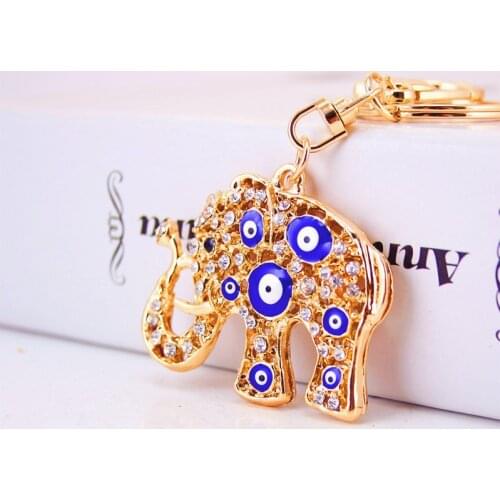 Creative Turkish Evil Eye Blue Elephant Key Chain Womens Bag Accessories Animal Metal Pendant Key Ring