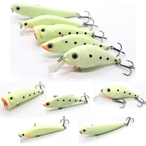 5Pcs Grow In Night Light Fishing Lures Kit Luminous Artificial Crankbait Minnow Wobblers Hard Baits Fishing Tackle Tool